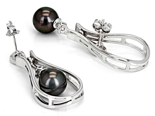 9-10mm Cultured Tahitian Pearl & White Zircon 0.40ctw Rhodium Over Sterling Silver Earrings
