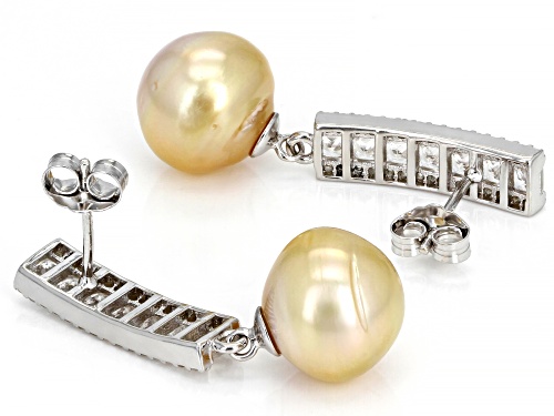 10-11mm Golden Cultured South Sea Pearl & White Zircon 2.02ctw Rhodium Over Sterling Silver Earrings