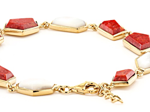 Red Sponge Coral & White South Sea Mother-of-Pearl 18k Yellow Gold Over Silver 7 Inch Bracelet - Size 7
