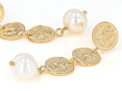 9-10mm White Cultured Freshwater Pearl With Coin Accents 18k Yellow Gold Over Silver Earrings