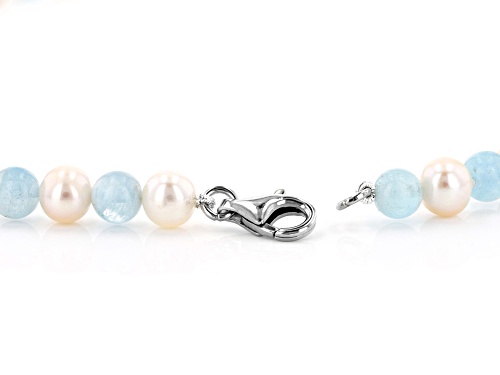 White Cultured Freshwater Pearl & Aquamarine Rhodium Over Silver Necklace, Bracelet, & Earrings Set