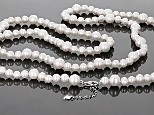 5.5-8mm White Cultured Freshwater Pearl Rhodium Over Sterling Silver 38 Inch Strand Necklace - Size 38