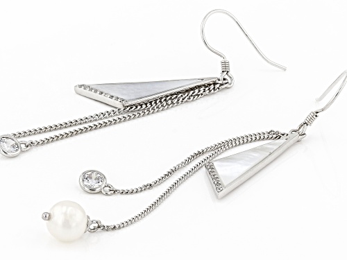 6-7mm White Cultured Freshwater Pearl, Mother-of-Pearl, & Bella Luce® Rhodium Over Silver Earrings
