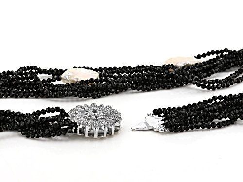 White Cultured Keshi Freshwater Pearl, Black Spinel, & White Zircon Rhodium Over Silver Necklace - Size 20