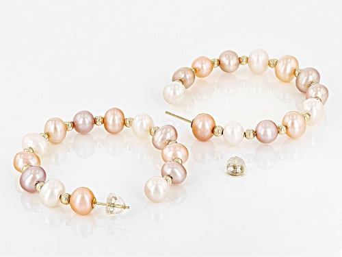 6-7mm Multi-Color Cultured Freshwater Pearl 14k Yellow Gold Hoop Earrings
