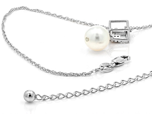 8mm White Cultured Japanese Akoya Pearl & Zircon Rhodium Over Sterling Silver Pendant With Chain