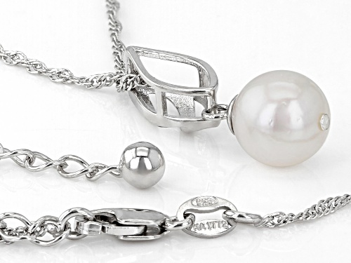 8mm White Cultured Japanese Akoya Pearl Rhodium Over Sterling Silver Pendant With Chain