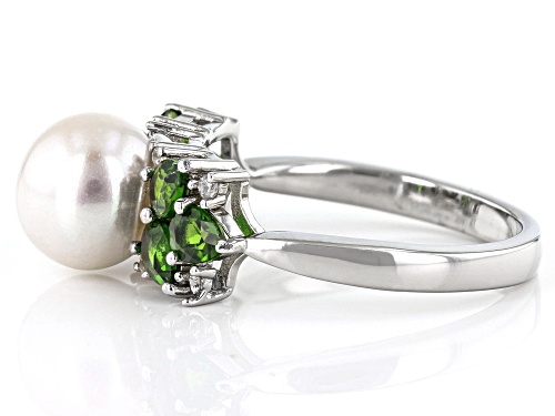 8mm White Cultured Freshwater Pearl Chrome Diopside & White Zircon Rhodium Over Silver Ring - Size 11