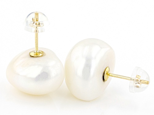 11-12mm White Cultured Freshwater Pearl 14k Yellow Gold Stud Earrings