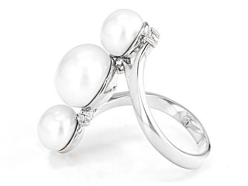 7-11mm White Cultured Freshwater Pearl with White Zircon Rhodium Over Sterling Silver Ring - Size 6