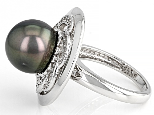 11mm Cultured Tahitian Pearl With White Zircon Rhodium Over Sterling Silver Ring - Size 10