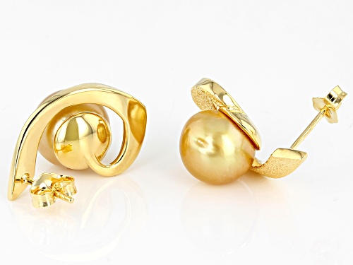 10mm Golden Cultured South Sea Pearl 18k Yellow Gold Over Sterling Silver Earrings