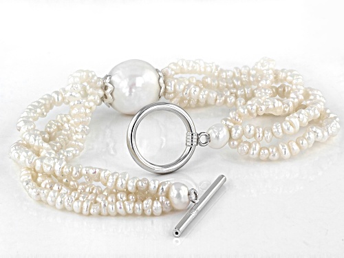 12-13mm & 3-4mm White Cultured Freshwater Pearl Rhodium Over Sterling Silver Bracelet - Size 7.5