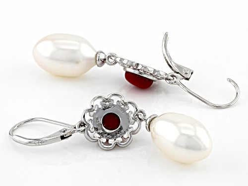 10-12mm White Cultured Freshwater Pearl & Red Bamboo Coral Rhodium Over Sterling Silver Earrings