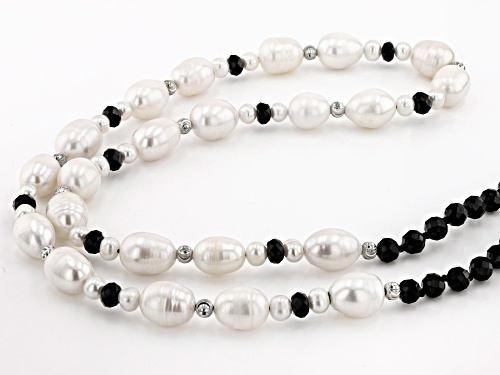 4-5mm & 11-12mm White Cultured Freshwater Pearl & Black Spinel Rhodium Over Silver 48 Inch Necklace - Size 48