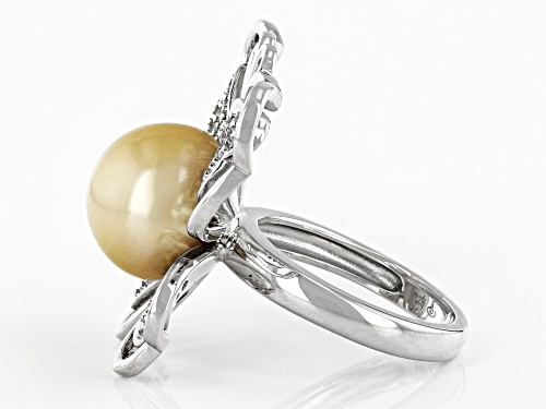 12-13mm Golden Cultured South Sea Pearl With White Zircon Rhodium Over Sterling Silver Ring - Size 12