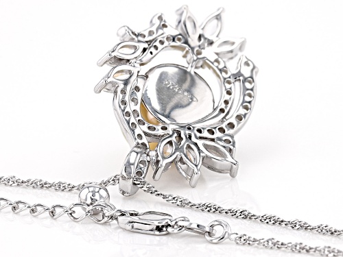 11mm Golden Cultured South Sea Pearl & White Topaz Rhodium Over Sterling Silver Pendant With Chain