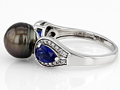 8-9mm Cultured Tahitian Pearl With Kyanite & White Zircon Rhodium Over Sterling Silver Ring - Size 12