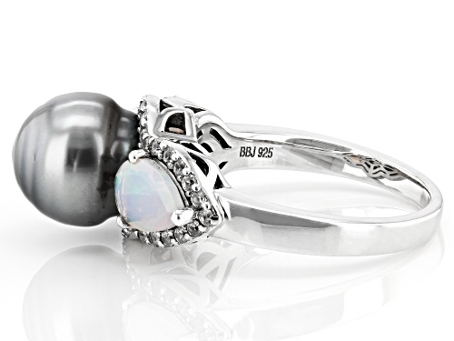 9-9.5mm Cultured Tahitian Pearl With Ethiopian Opal & White Zircon Rhodium Over Sterling Silver Ring - Size 10