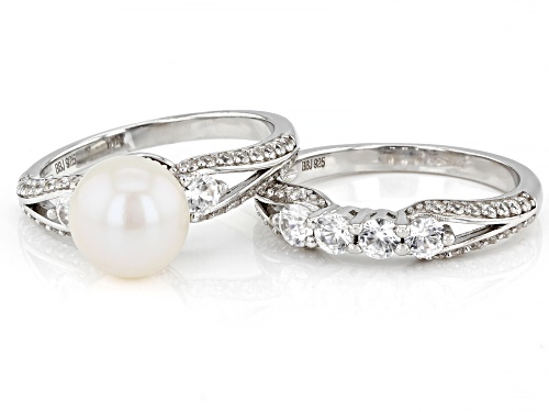 8.5mm White Cultured Freshwater Pearl & White Zircon Rhodium Over Sterling Silver Ring Set - Size 9