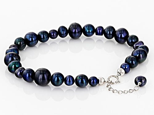 4-8mm Black Cultured Freshwater Pearl Rhodium Over Sterling Silver 7.5 Inch Bracelet - Size 7.5