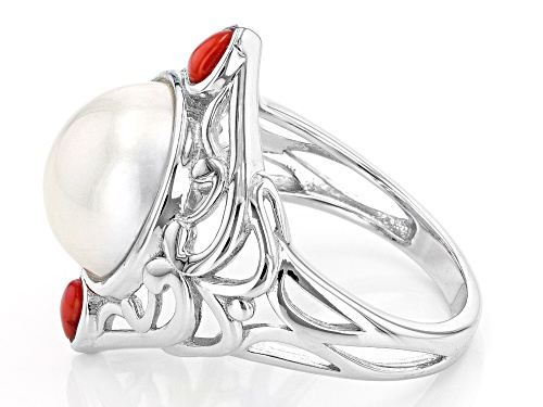 12-13mm White Cultured Mabe Pearl With Red Coral Rhodium Over Sterling Silver Ring - Size 7