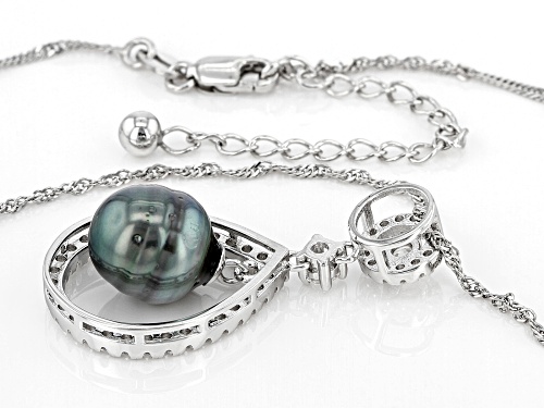 9mm Cultured Tahitian Pearl With White Zircon Rhodium Over Sterling Silver Pendant With Chain