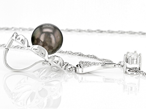 11-12mm Cultured Tahitian Pearl With White Zircon Rhodium Over Sterling Silver Pendant Enhancer