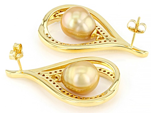 9-10mm Golden Cultured South Sea Pearl & White Zircon 18k Yellow Gold Over Sterling Silver Earrings