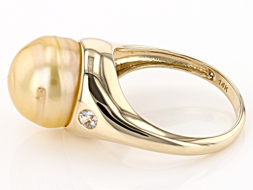 11mm Golden Cultured South Sea Pearl With White Zircon 14k Yellow Gold Ring - Size 9