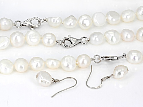 8-9.5mm White Cultured Freshwater Pearl Rhodium Over Silver 18, 24, & 36 Inch Necklace & Earring Set