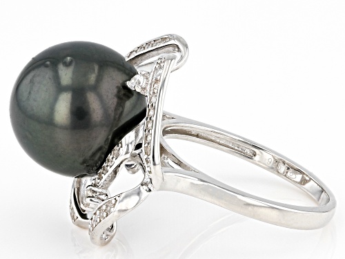 12-13mm Cultured Tahitian Pearl & White Zircon Rhodium Over Sterling Silver Ring - Size 11