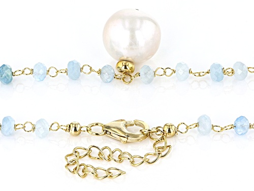 12-12.5mm White Cultured Freshwater Pearl & Aquamarine 18k Yellow Gold Over Silver Necklace - Size 18