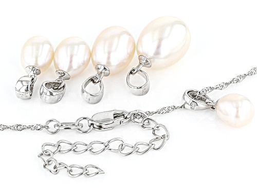 5-10mm White Cultured Freshwater Pearl Rhodium Over Sterling Silver Necklace Set Of 5 - Size 18