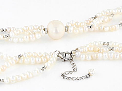 11-12mm & 3-4mm White Cultured Freshwater Pearl Rhodium Over Silver Multi-Row Necklace - Size 18