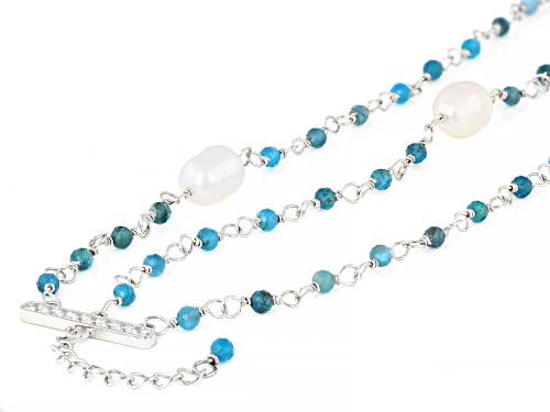 7-8mm White Cultured Freshwater Pearl With Blue Apatite & Bella Luce® Rhodium Over Silver Bracelet - Size 7
