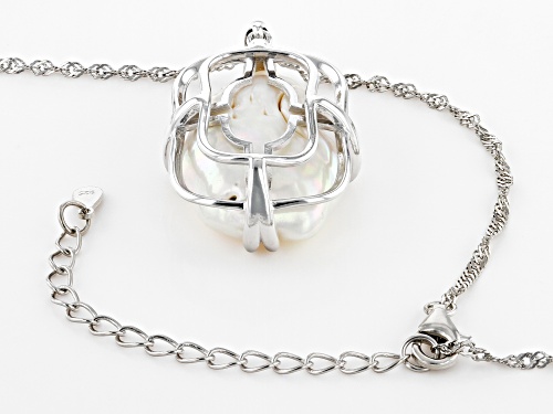 14mm White Cultured Freshwater Pearl Rhodium Over Sterling Silver Pendant with Chain