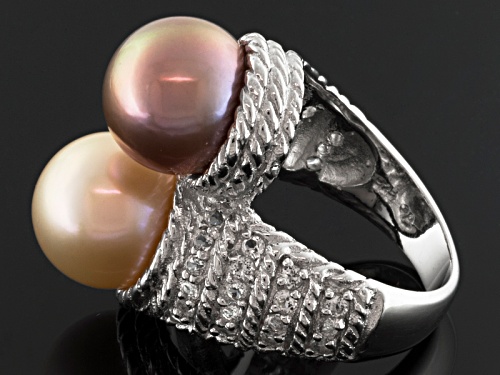 10mm Pink And Champagne Cultured Freshwater Pearl With 0.25ctw White Topaz Rhodium Over Silver Ring - Size 12