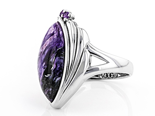 22X11MM MARQUISE CHAROITE AND .10CTW AFRICAN AMETHYST RHODIUM OVER SILVER RING - Size 7