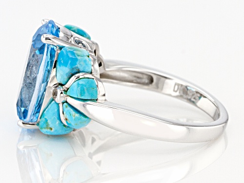 6.38ct Oval Glacier Topaz™ with Turquoise & .04ctw Round White Zircon Rhodium Over Silver Ring - Size 8