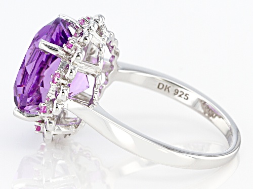 5.27ct Round Rose de France Amethyst With .17ctw Lab Created Sapphire Rhodium Over Silver Halo Ring - Size 8