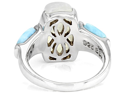 14x8mm Rainbow Moonstone with 6x6mm Larimar Rhodium Over Sterling Silver Ring - Size 7