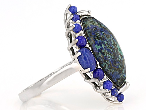 20x10mm Marquise Azurmalachite With Oval and Round Lapis Lazuli Rhodium Over Silver Ring - Size 7