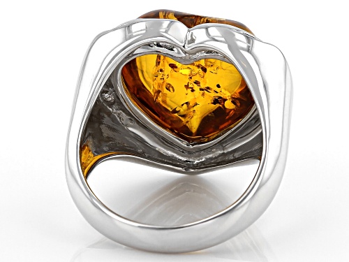 15x15MM HEART SHAPE AMBER SOLITAIRE, RHODIUM OVER STERLING SILVER RING - Size 7