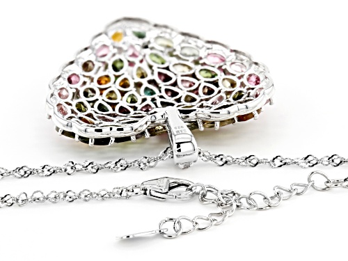 10.10ctw Multi-Tourmaline & .08ctw White Zircon Rhodium Over Silver Heart Shape Pendant With Chain