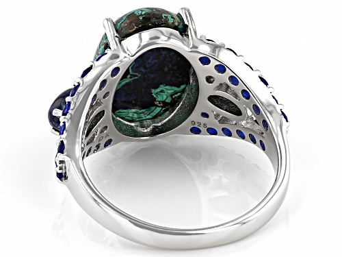 14x10mm & 5x3mm Oval Azurmalachite and .72ctw Round Lab Created Spinel Rhodium Over Silver Ring - Size 7