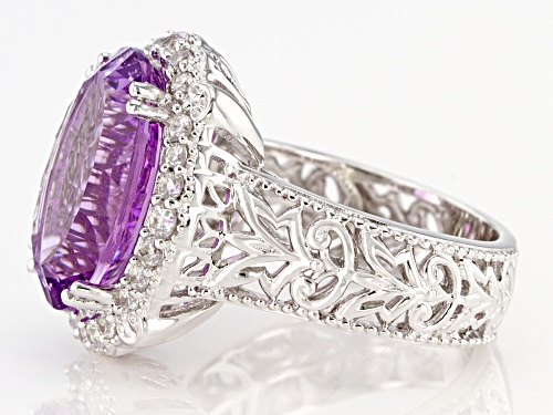 7.22ct Oval Quantum Cut® Rose de France Amethyst With .63ctw Zircon Rhodium Over Silver Ring - Size 8