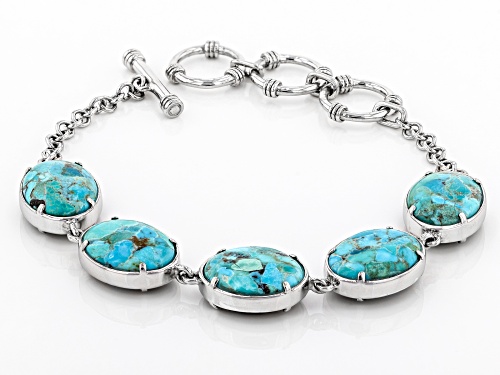16x12mm oval cabochon Turquoise and 16x12mm Abalone Shell Rhodium Over Silver Reversible Bracelet - Size 7.25