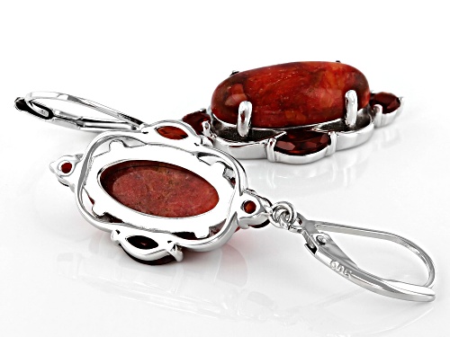 16X8mm Oval Sponge Coral and 1.63ctw Garnet Rhodium Over Sterling Silver Earrings