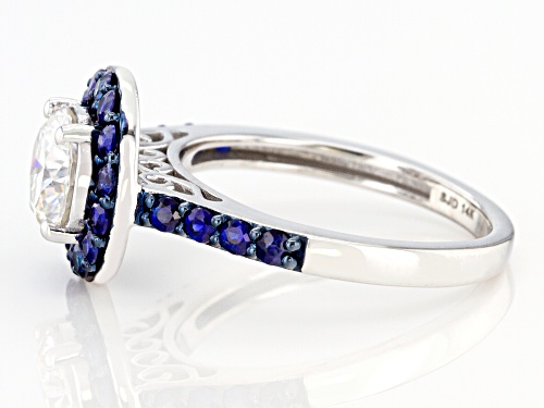 MOISSANITE FIRE(R) 1.20CTW DEW AND .99CTW BLUE SAPPHIRE 14K WHITE GOLD RING - Size 6